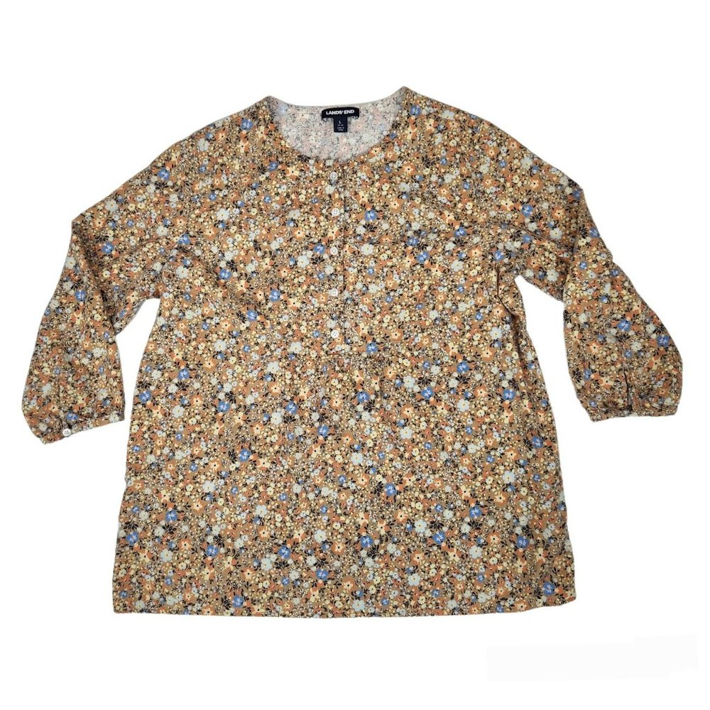 Lands End Womens Top Ditsy Floral L 14-16 Half Button 3/4 Sleeve Peasant Boho